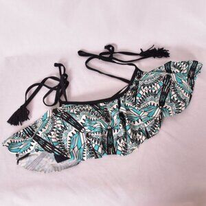 Urban Sea Bikini Top XL Ruffle Bandeau Teal Black White Tassel Tie Swim Top